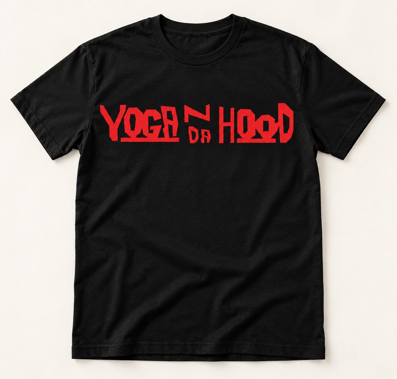 Flat-lay mockup of the black Yoga N Da Hood T-shirt with red logo